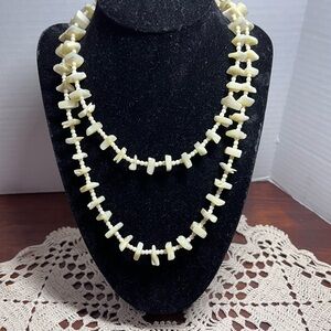 Vintage 36” Mother of Pearl Chip Necklace • Long Strand • Boho Shell Ivory Beads